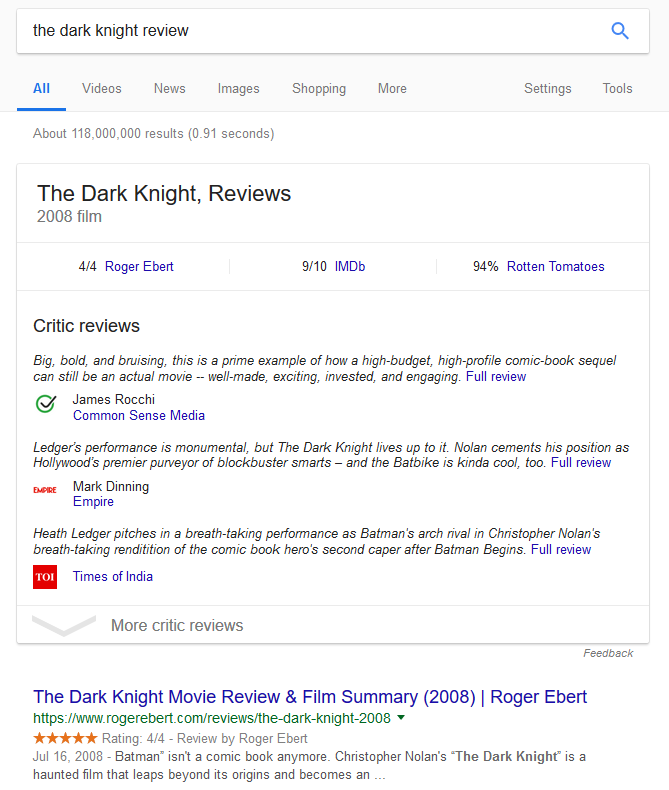 dark knight review google search displaying rich snippets