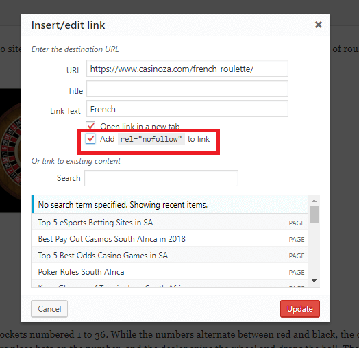 nofollow tags option under open in new tab option