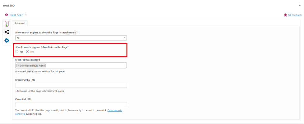 Yoast SEO option to add nofollow tags on the whole page